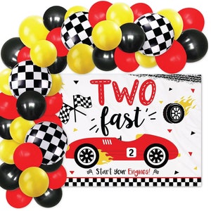 Two Fast Birthday Backdrop and Balloon Garland Decorations Black Yellow red Boys Race Car 2nd Birthday Checkered Flag Racing Red Car