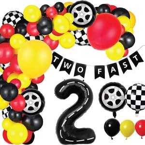 Two Fast Birthday Balloon Garland Decorations Black Yellow red Boys Race Car 2nd Birthday Checkered Tire Wheel and Number 2 Balloons Banner