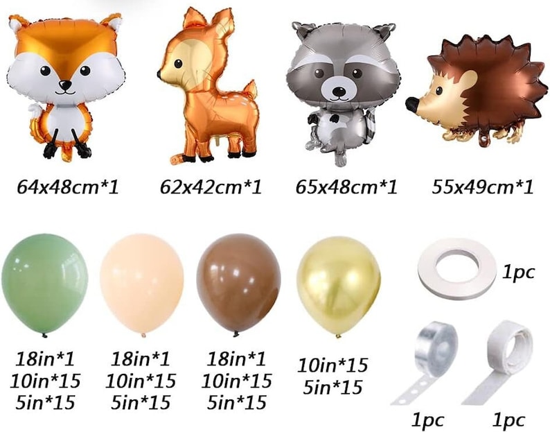 Op de afbeelding: Een set met bosdier-ballonversieringen, waaronder een vos, een hert, een wasbeer en een egel. De set bevat ook groene, beige, bruine en gouden ballonnen, evenals witte en transparante ballonband. De ballonnen zijn in verschillende maten, waaronder 46 cm, 25 cm en 13 cm.