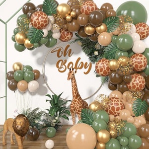 Jungle Safari Balloons Garland Arch Kit, Sage Green Brown & Animal Print Balloons Palm Leaves for Woodland Themed Baby Shower Birthday Decor