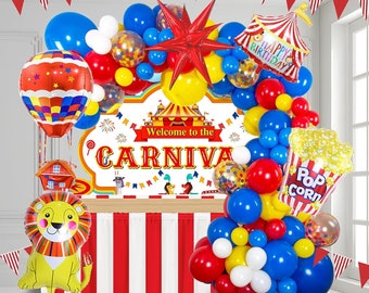 Carnival Balloon Garland Arch Kit, Red Blue Yellow Circus Balloon Garland for Kids Teenager Circus Theme Birthday Decorations