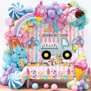 Ice Cream Birthday Decorations for Girls Pastel Ice Cream Balloon Garland Arch Kit Ice Cream Backdrop Tablecloth Sweet Candy Balloon