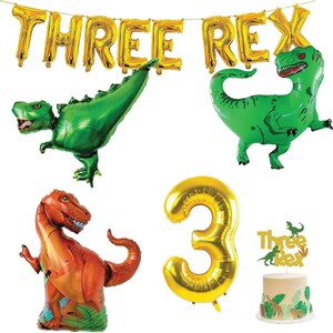 Dinosaur Three Rex Birthday Balloons, Three Rex Banner Balloon T-Rex Dinosaurs Balloons for Dino Themed 3rd Birthday Kid&#39;s Party