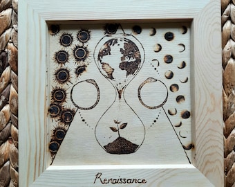 Renacimiento y símbolos. Pirograbado artesanal único 15x15cm.