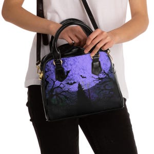 Gothic Bat Print Shoulder Handbag, Dark Aesthetic PU Leather Tote image 3