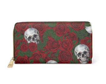 Cartera con cremallera de piel sintética con calavera gótica y rosas