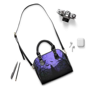 Gothic Bat Print Shoulder Handbag, Dark Aesthetic PU Leather Tote image 2