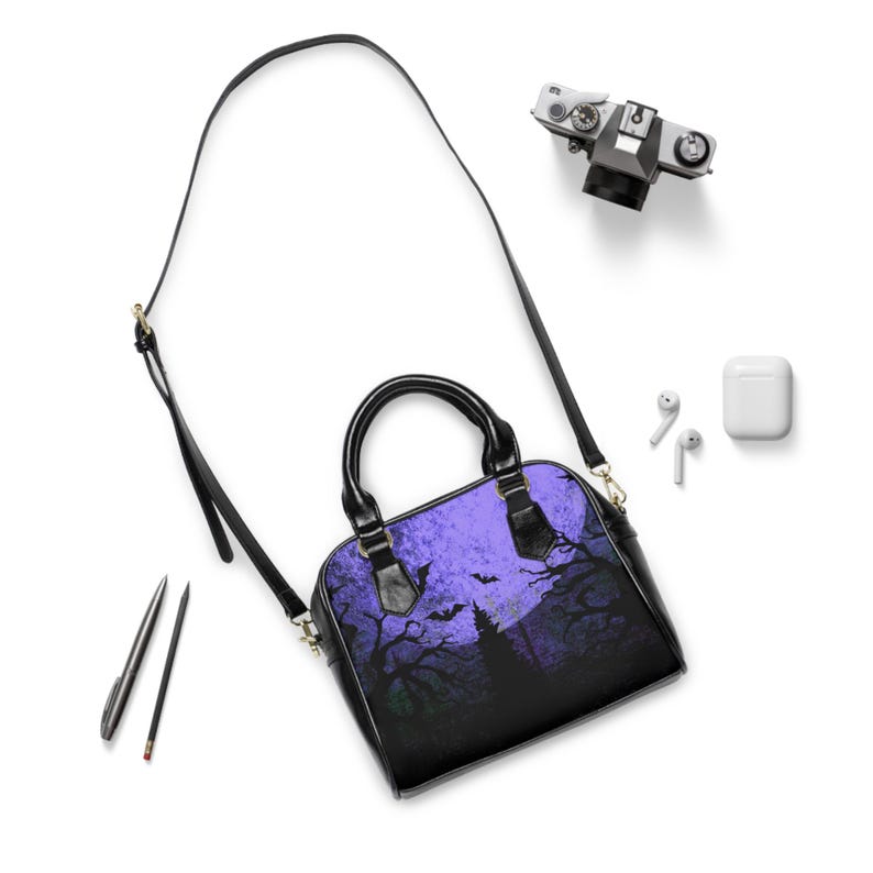 Gothic Bat Print Shoulder Handbag, Dark Aesthetic PU Leather Tote image 2