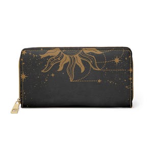Portefeuille céleste à fermeture éclair pour les amateurs d'astrologie, sac à main nuit étoilée, portefeuille au design cosmique, cadeau du zodiaque pour elle, portefeuille lune et soleil