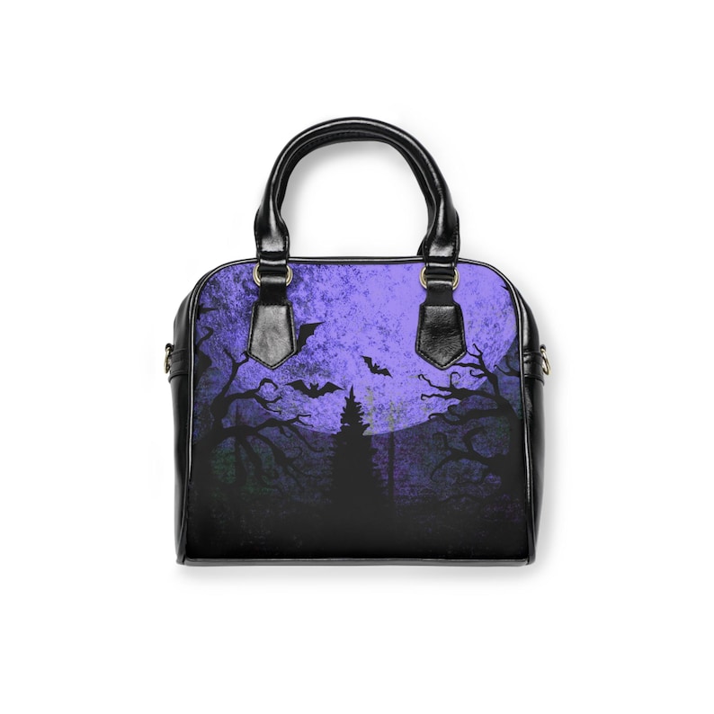 Gothic Bat Print Shoulder Handbag, Dark Aesthetic PU Leather Tote image 1