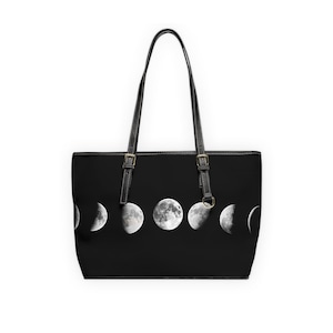 Mystical Moon Phases PU Leather Shoulder Bag - Boho Chic Tote, Astrology Bag, Lunar Decor, Perfect for Gift Giving, Everyday Use