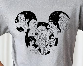 Camiseta con la cabeza de ratón de las princesas: Jazmín, Aurora, Bella, Rapunzel, Mulán