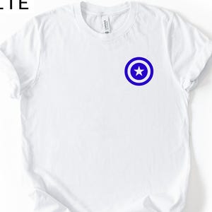 Pocket Size Blue Captain America Shield Tshirt, SHIELD Shirt, Minimal Shield T-Shirt, Bella Canvas Tshirt, Soft Material, DTF Print immagine 1