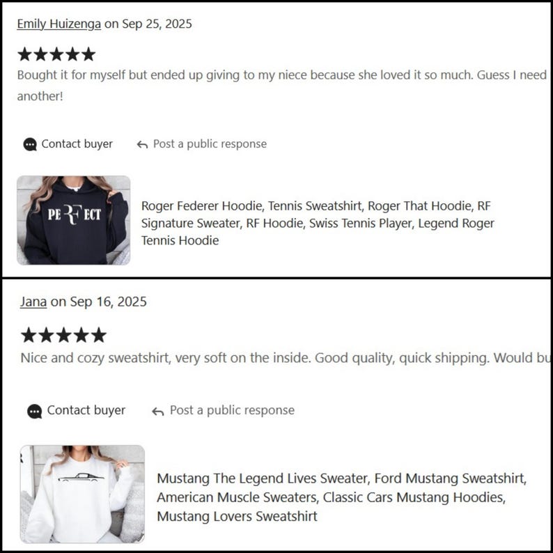 Pu&ograve; includere: Screenshot delle recensioni dei clienti Etsy. Una recensione menziona una felpa con cappuccio "PERFECT". La seconda recensione menziona una "Mustang The Legend Lives Sweater". Entrambe le recensioni hanno 5 stelle e includono la data e il nome dell'acquirente.