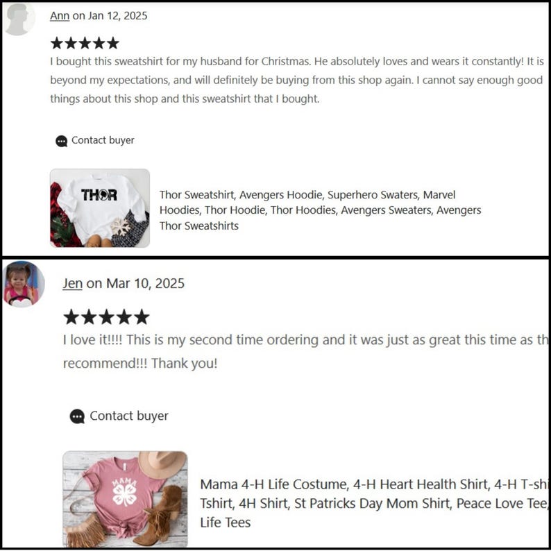 May include: Image of customer reviews for clothing items. One review mentions a Thor sweatshirt. The other review mentions a Mama 4-H Life Costume shirt. Both reviews are positive and include the date of the review.