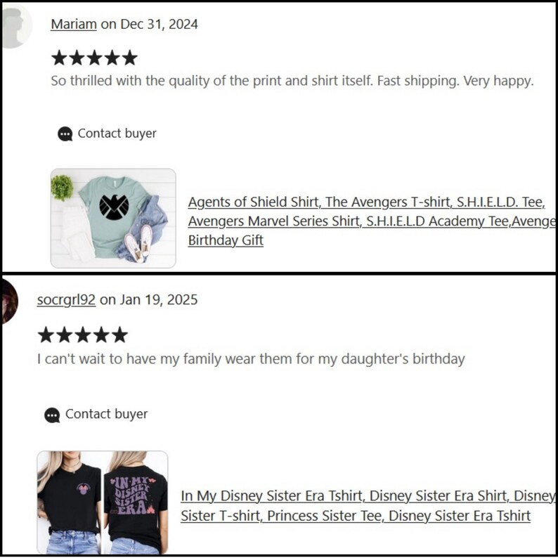 Puede incluir: La imagen muestra rese&ntilde;as de clientes para camisetas. Una rese&ntilde;a menciona una camiseta de Agents of Shield y una camiseta de Avengers. La otra rese&ntilde;a menciona una camiseta de Disney Sister Era. Ambas rese&ntilde;as son positivas, los clientes expresan satisfacci&oacute;n.