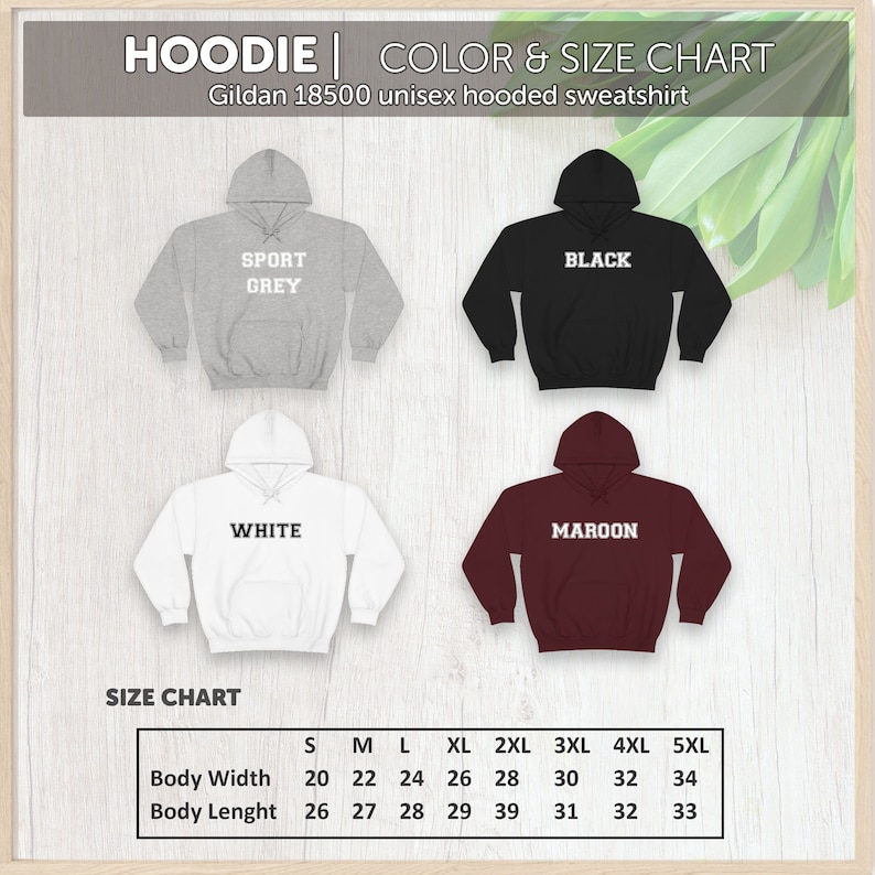 Puede incluir: Una tabla de colores y tallas para una sudadera con capucha unisex Gildan 18500. La tabla muestra cuatro sudaderas con capucha en gris deportivo, negro, blanco y granate. La tabla de tallas muestra un ancho de cuerpo de 51 a 86 cm y un largo de cuerpo de 66 a 84 cm.