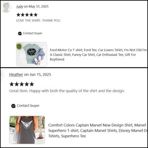 Pu&ograve; includere: Recensioni dei clienti per due magliette. Una &egrave; una maglietta verde chiaro con un design a tema auto. L'altra &egrave; una maglietta grigia con una grafica di Captain Marvel. Entrambe le recensioni sono positive, menzionando la qualit&agrave; e il design.