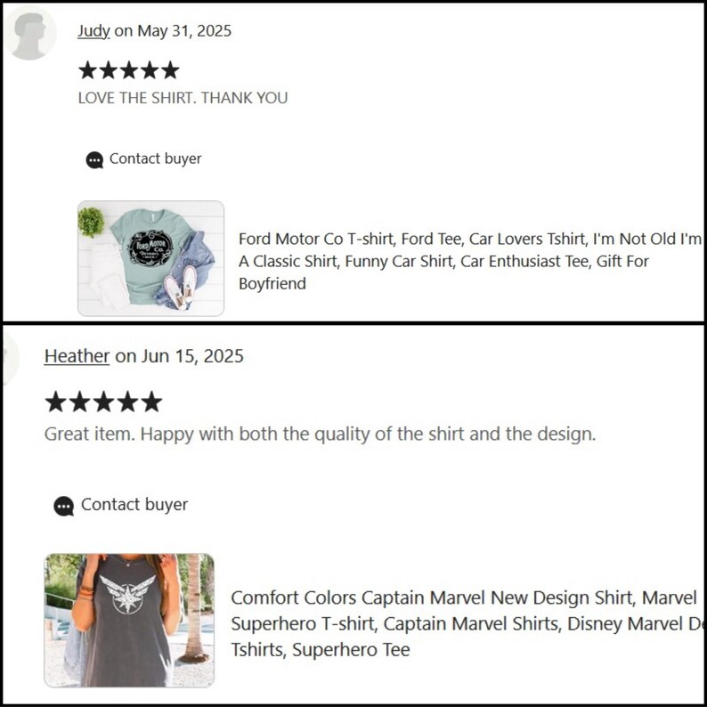 Pu&ograve; includere: Recensioni dei clienti per due magliette. Una &egrave; una maglietta verde chiaro con un design a tema auto. L'altra &egrave; una maglietta grigia con una grafica di Captain Marvel. Entrambe le recensioni sono positive, menzionando la qualit&agrave; e il design.