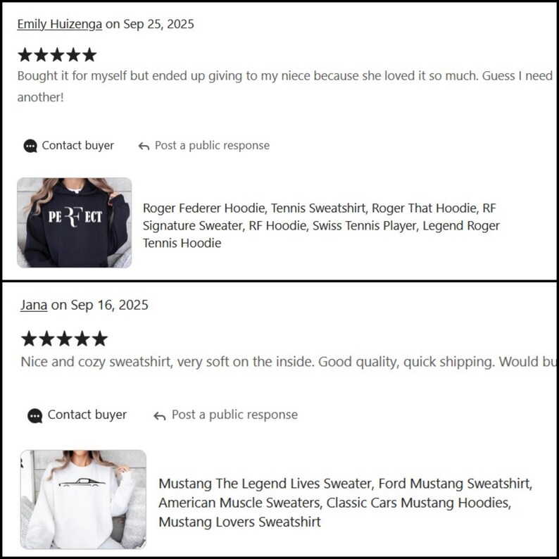 Puede incluir: Captura de pantalla de rese&ntilde;as de clientes de Etsy. Una rese&ntilde;a menciona una sudadera con capucha "PERFECT". La segunda rese&ntilde;a menciona una sudadera Mustang. Ambas rese&ntilde;as tienen cinco estrellas e incluyen la fecha y el nombre del comprador.