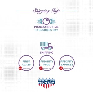 May include: Graphic with text "Shipping Info" and icons for processing time, shipping, and delivery options: First Class (4-6 business days), Priority Mail (3-5 business days), and Priority Express (1-2 business days). Includes "Print and Ship From USA" text.