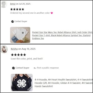 Puede incluir: Captura de pantalla de rese&ntilde;as de productos de Etsy. Una rese&ntilde;a muestra una camiseta blanca con un s&iacute;mbolo de la Alianza Rebelde de Star Wars. Otra rese&ntilde;a muestra una sudadera con capucha negra con un dise&ntilde;o de tr&eacute;bol de cuatro hojas blanco.