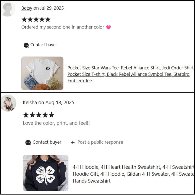 Puede incluir: Captura de pantalla de rese&ntilde;as de productos de Etsy. Una rese&ntilde;a muestra una camiseta blanca con un s&iacute;mbolo de la Alianza Rebelde de Star Wars. Otra rese&ntilde;a muestra una sudadera con capucha negra con un dise&ntilde;o de tr&eacute;bol de cuatro hojas blanco.