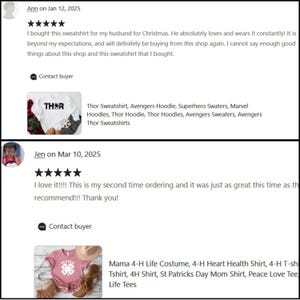 May include: Image of customer reviews for apparel. One review mentions a Thor sweatshirt. The other review mentions a Mama 4-H Life Costume shirt. Both reviews are positive and include the date of the review.