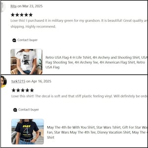 May include: Reviews of t-shirts. One review mentions a Retro USA Flag 4-H Life T-shirt. Another review is about a "May The 4th Be With You" Star Wars t-shirt. Both reviews are positive, with 5-star ratings.