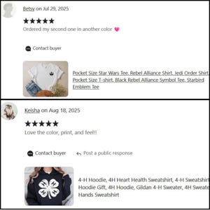 Op de afbeelding: Schermafbeelding van Etsy-klantbeoordelingen. E&eacute;n beoordeling toont een wit t-shirt met een zwart Star Wars Rebel Alliance-symbool. De andere beoordeling toont een zwarte hoodie met een wit klaverblad-ontwerp.
