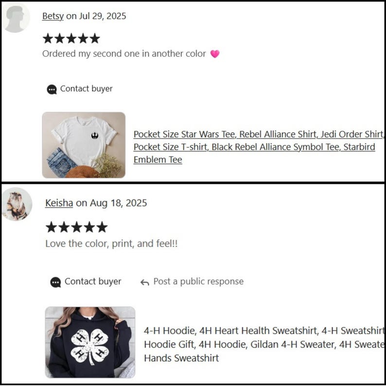 Op de afbeelding: Schermafbeelding van Etsy-klantbeoordelingen. E&eacute;n beoordeling toont een wit t-shirt met een zwart Star Wars Rebel Alliance-symbool. De andere beoordeling toont een zwarte hoodie met een wit klaverblad-ontwerp.