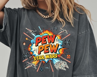 Camiseta Pew Pew, camiseta de Star Wars, camiseta Comfort Colors® 1717, material de algodón, estampado DTF, camiseta con estampado de alta calidad.