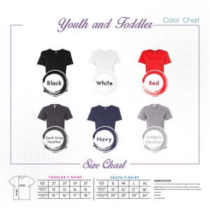 May include: A colour chart for youth and toddler t-shirts. The chart displays t-shirts in black, white, red, dark grey heather, navy, and athletic heather. Size charts for toddler and youth sizes are also included.