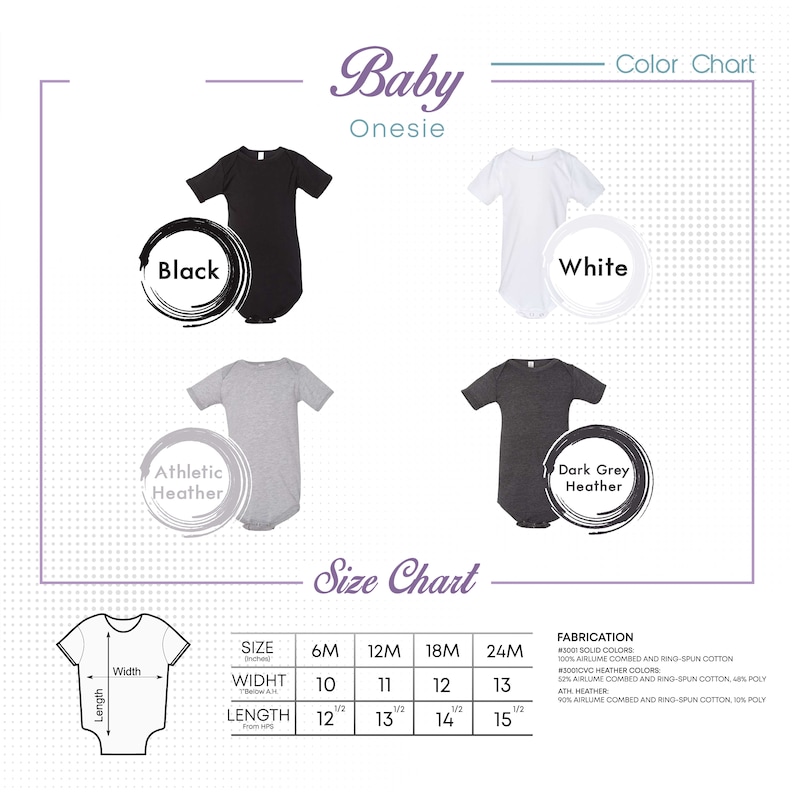 May include: A baby onesie colour chart featuring black, white, athletic heather, and dark grey heather onesies. The size chart provides measurements for 6M, 12M, 18M, and 24M sizes. Fabrication details are also included.