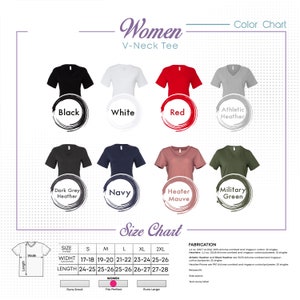 May include: A colour chart for women's V-neck tees, displaying colours such as black, white, red, and navy. Includes a size chart with measurements in inches for width and length, ranging from S to 2XL.