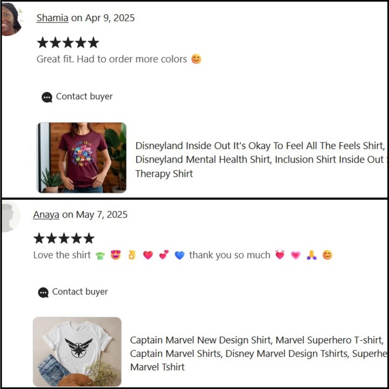 May include: Customer reviews for t-shirts. One review shows a burgundy shirt with a colourful graphic, and the text "Disneyland Inside Out It's Okay To Feel All The Feels Shirt." Another review shows a white shirt with a graphic and the text "Captain Marvel New Design Shirt."