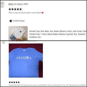May include: A light blue t-shirt featuring the word "GRANDMA" in white, with a map of Florida. The image is part of a customer review, with positive feedback about the shirt.