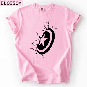 Pode incluir: Camiseta rosa claro com um desenho preto de escudo com estrela e efeito rachado. A palavra "BLOSSOM" est&aacute; impressa no canto superior esquerdo.