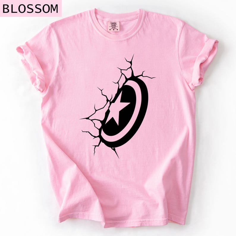 Pode incluir: Camiseta rosa claro com um desenho preto de escudo com estrela e efeito rachado. A palavra "BLOSSOM" est&aacute; impressa no canto superior esquerdo.