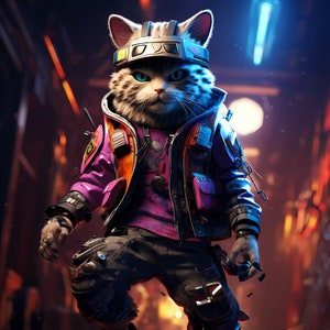 May include: A white and gray cat wearing a pink and black jacket, a black and white helmet with goggles, and pink and black shoes. The cat is standing on a concrete surface.