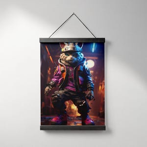 May include: A digital illustration of a cat wearing a crown, a purple and black jacket, and a pair of black and white sneakers. The cat is standing in a dark, neon-lit alleyway.