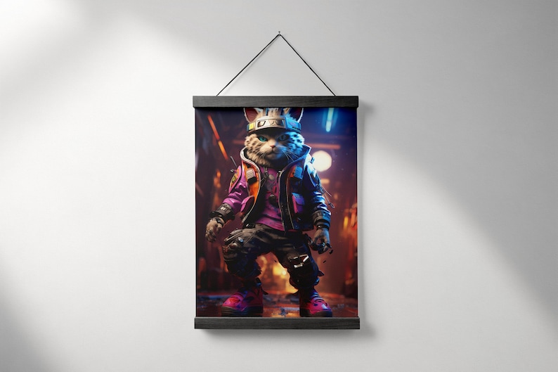 May include: A digital illustration of a cat wearing a crown, a purple and black jacket, and a pair of black and white sneakers. The cat is standing in a dark, neon-lit alleyway.