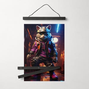 May include: A digital illustration of a cat wearing a black leather jacket, a pink shirt, and a black and white helmet. The cat is standing in a dark alley with neon lights in the background.
