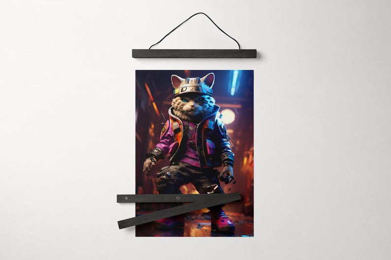 May include: A digital illustration of a cat wearing a black leather jacket, a pink shirt, and a black and white helmet. The cat is standing in a dark alley with neon lights in the background.