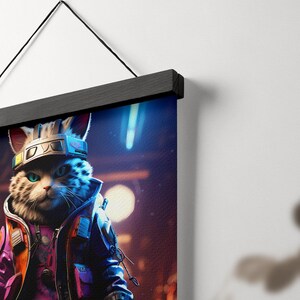 May include: A digital illustration of a cat wearing a futuristic outfit and a helmet with blue and yellow accents. The cat is standing in a dark, neon-lit environment.