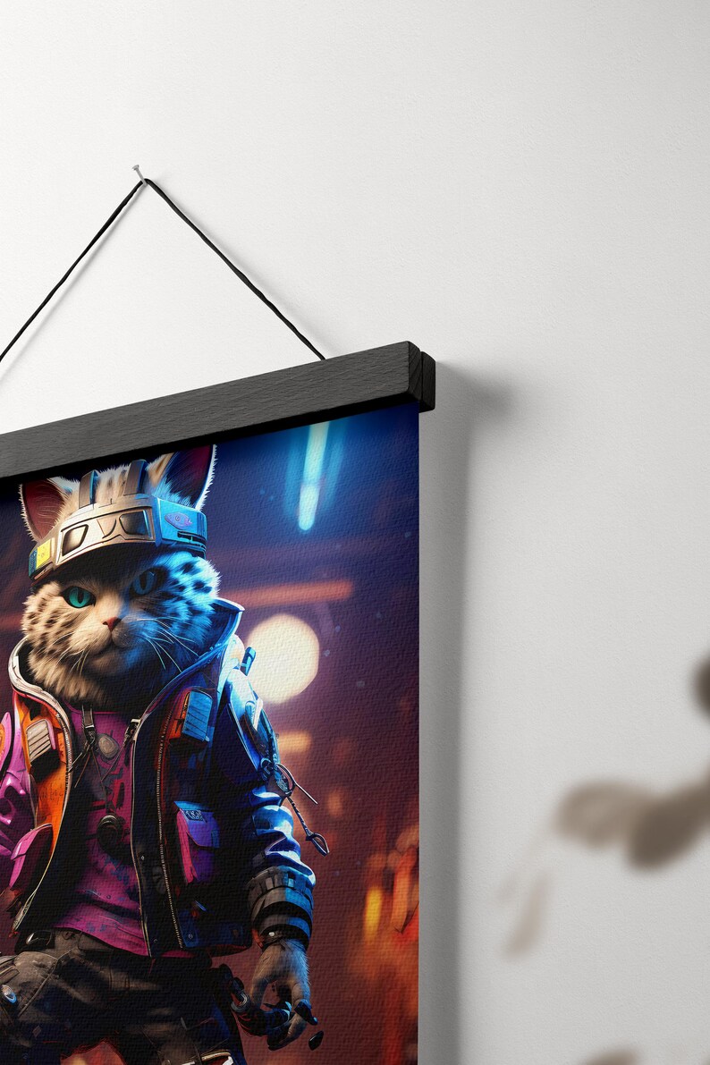 May include: A digital illustration of a cat wearing a futuristic outfit and a helmet with blue and yellow accents. The cat is standing in a dark, neon-lit environment.