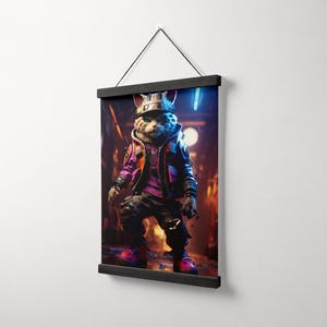 May include: A digital illustration of a cat wearing a hat and a jacket, standing in a neon-lit alleyway. The cat has a purple and black jacket, a black hat with a white symbol, and a white and black face.