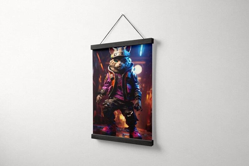 May include: A digital illustration of a cat wearing a hat and a jacket, standing in a neon-lit alleyway. The cat has a purple and black jacket, a black hat with a white symbol, and a white and black face.