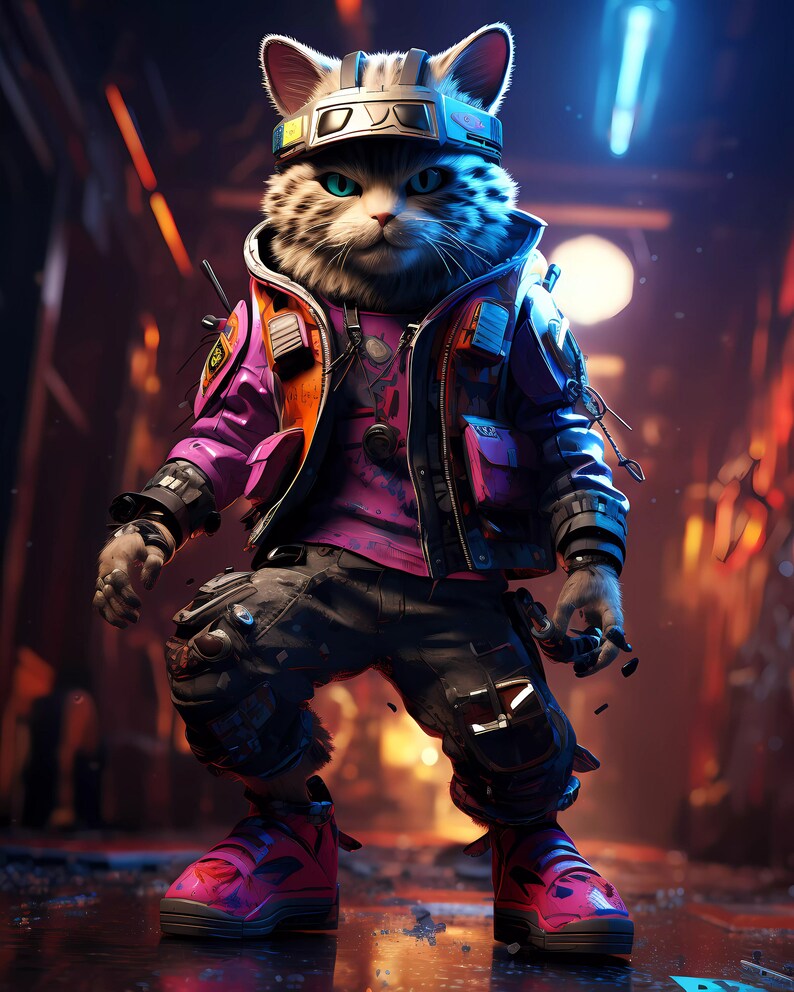 May include: A white and gray cat wearing a pink and black jacket, a black and white helmet with goggles, and pink and black shoes. The cat is standing on a concrete surface.