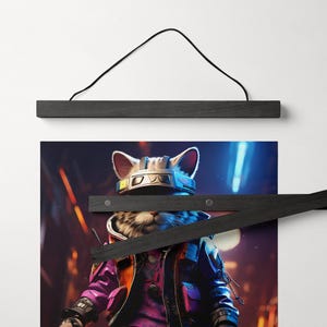 May include: A black cat wearing a futuristic helmet and a purple and black jacket. The cat is standing in a neon-lit room. The image is framed with a black wooden frame.